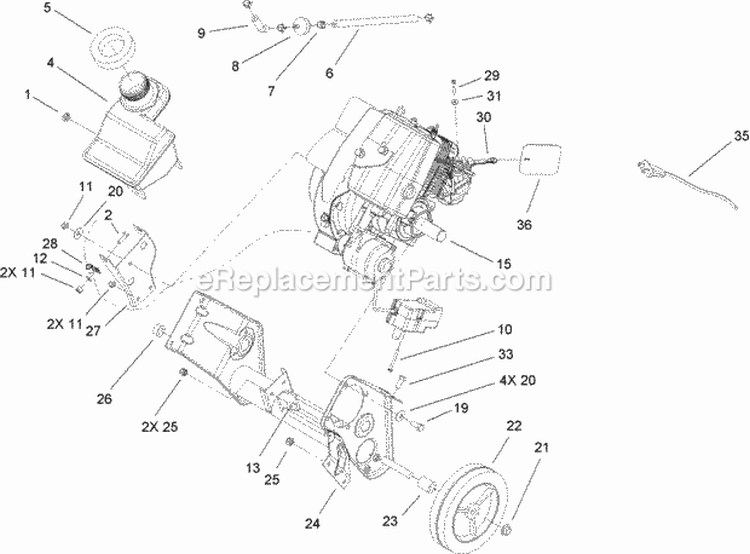 Engine, Gas Tank & Frame Assembly Diagram and Parts List for 33006 270000001-270999999 - 2007 Lawn Boy Snow Blower